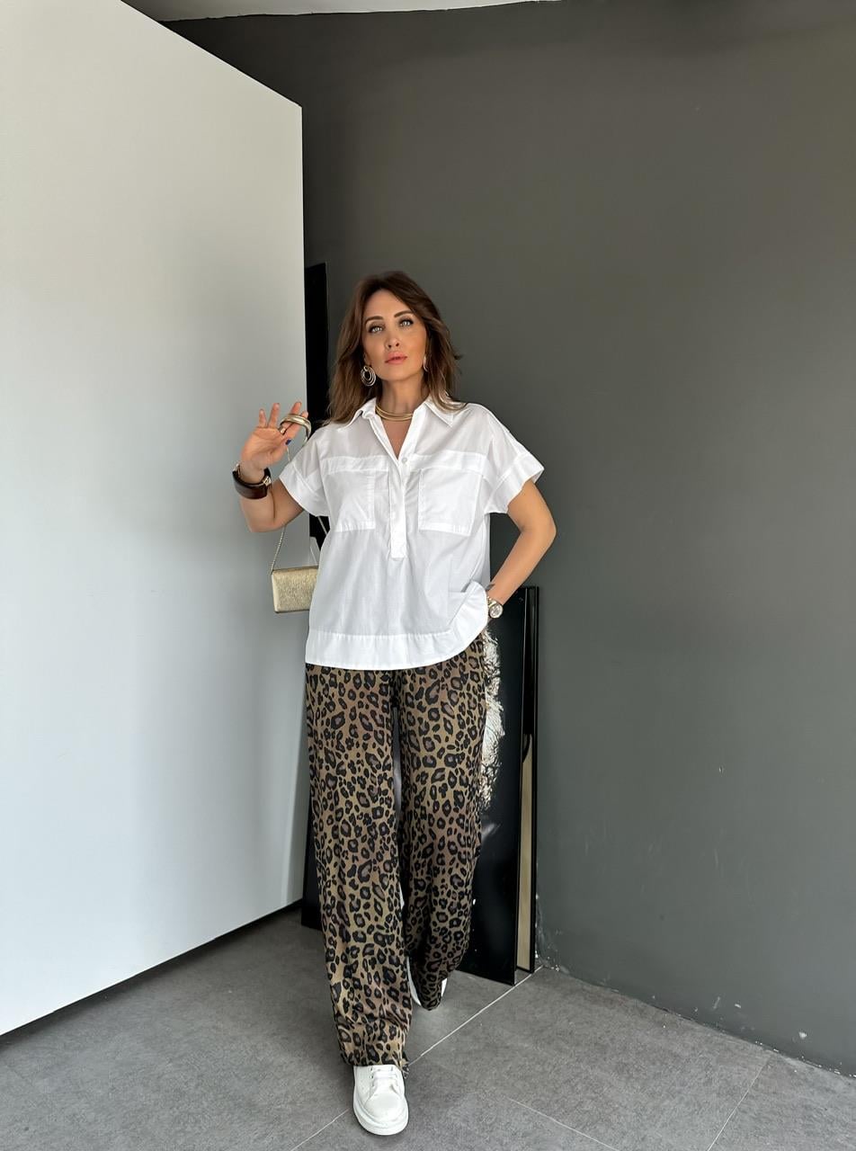 Haki Leopar Beli Lastikli Saten Pantolon 