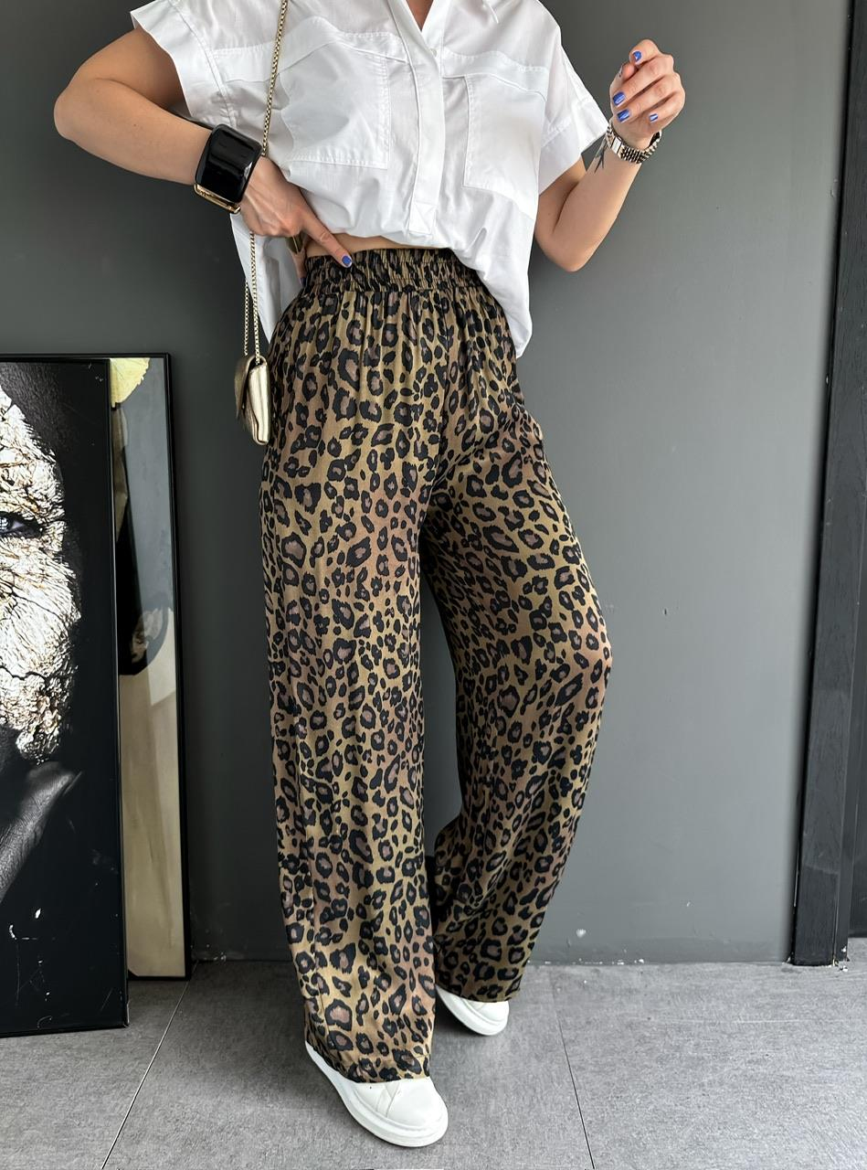Haki Leopar Beli Lastikli Saten Pantolon 