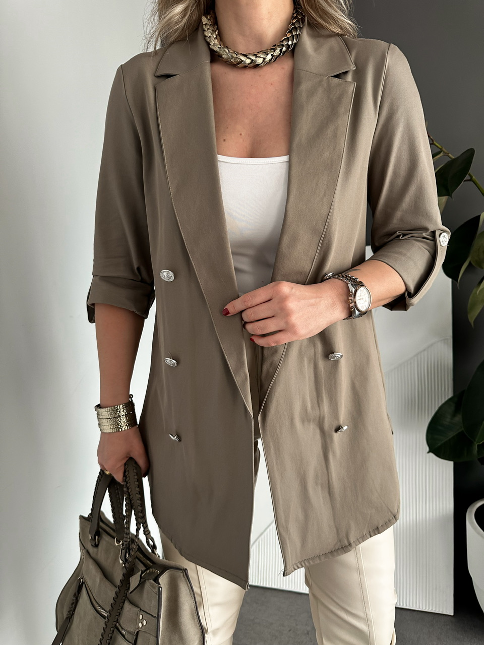 Haki Manşetli Cotton Blazer Ceket