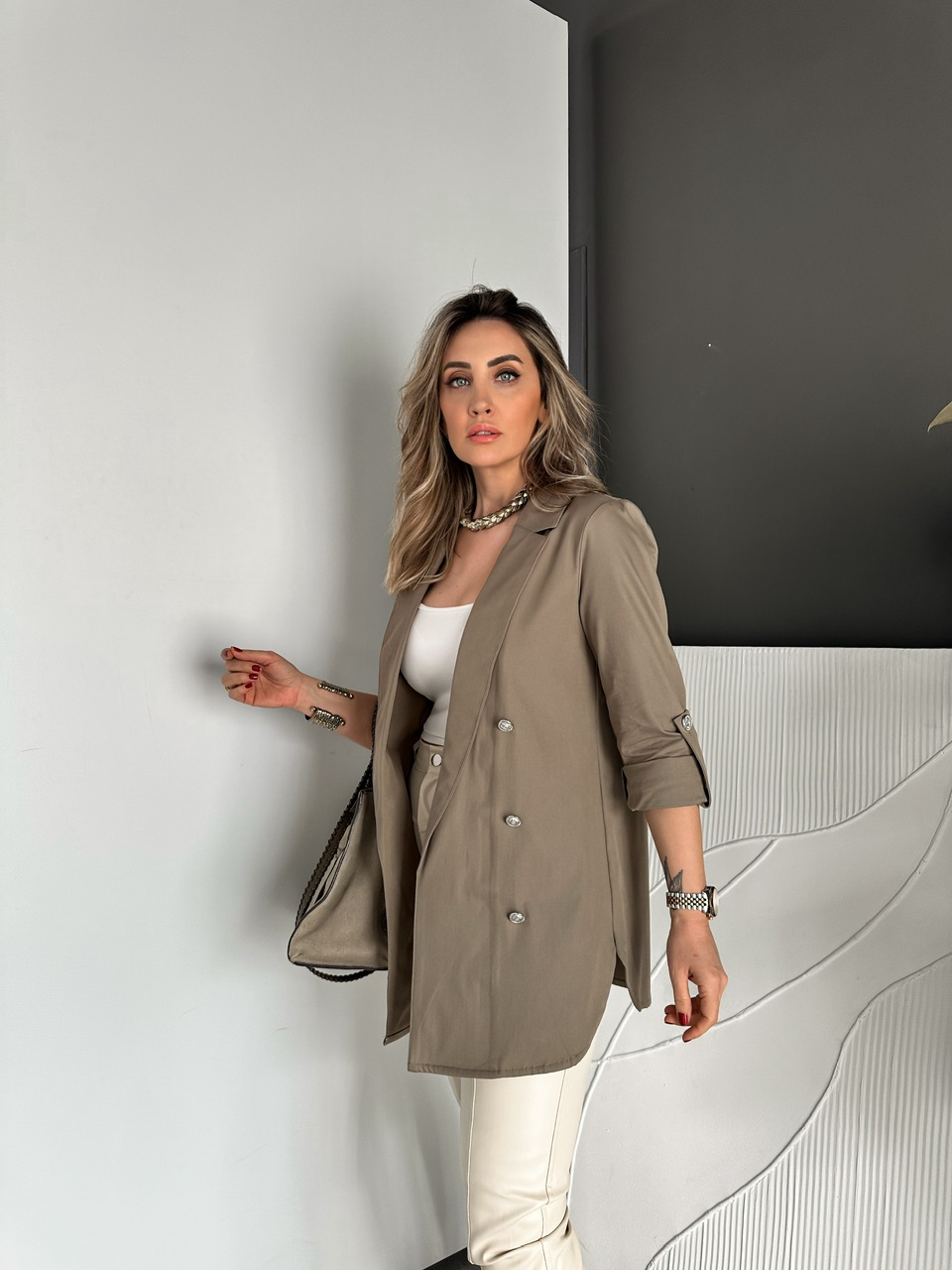 Haki Manşetli Cotton Blazer Ceket