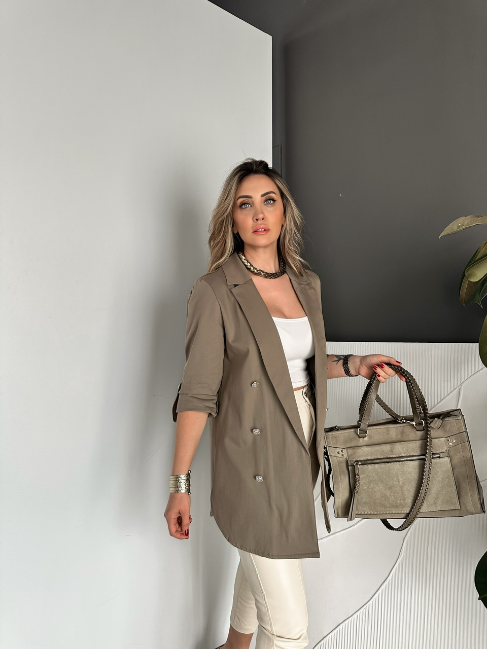 Haki Manşetli Cotton Blazer Ceket