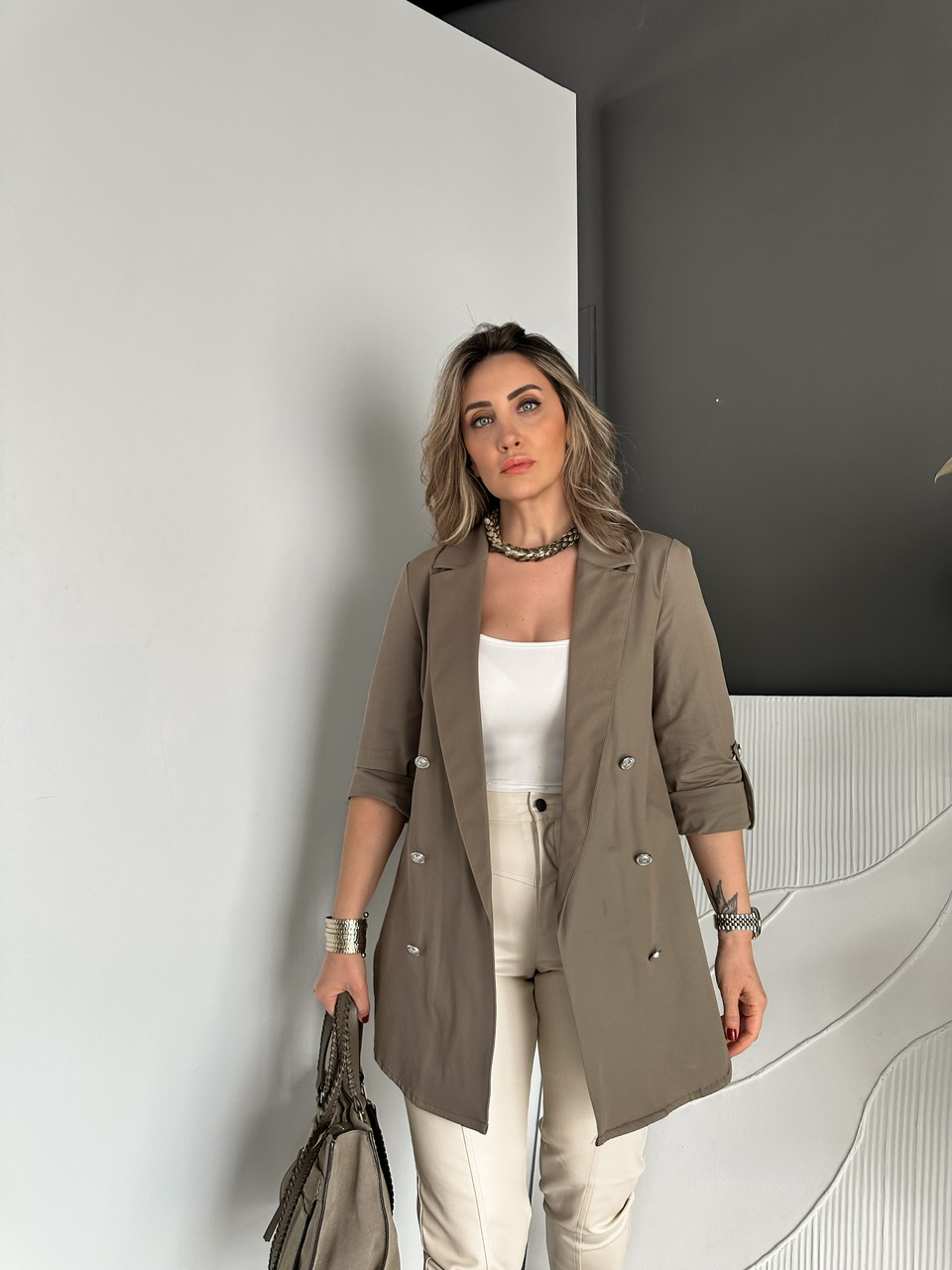 Haki Manşetli Cotton Blazer Ceket