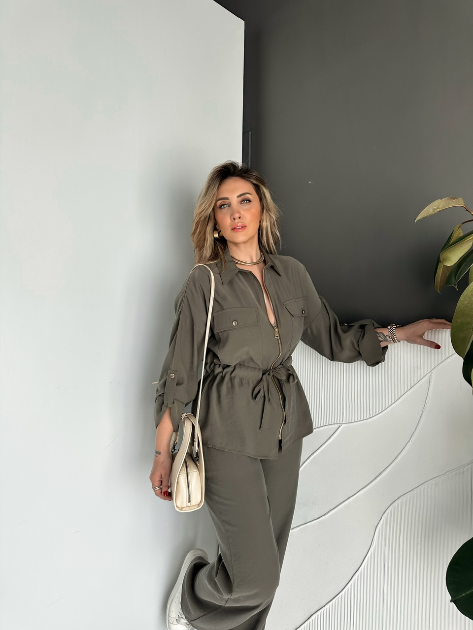 Haki Manşetli Fermuarlı Casual Takım