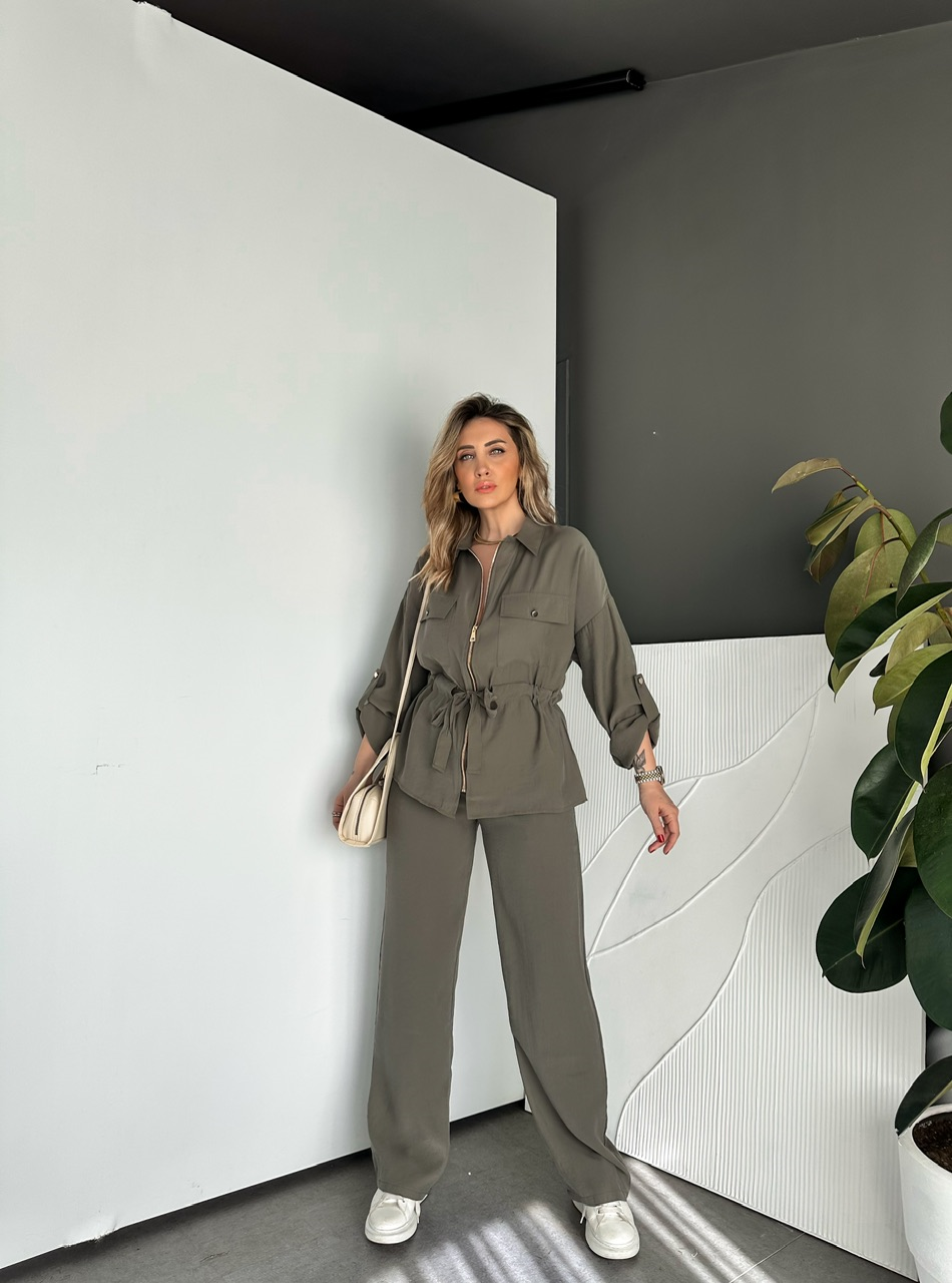 Haki Manşetli Fermuarlı Casual Takım