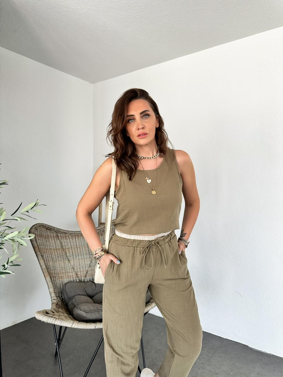 Haki Naturel Bluz Pantolon Takım