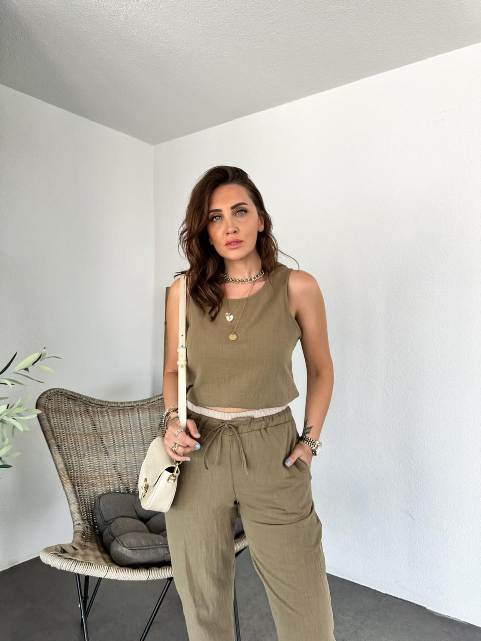 Haki Naturel Bluz Pantolon Takım
