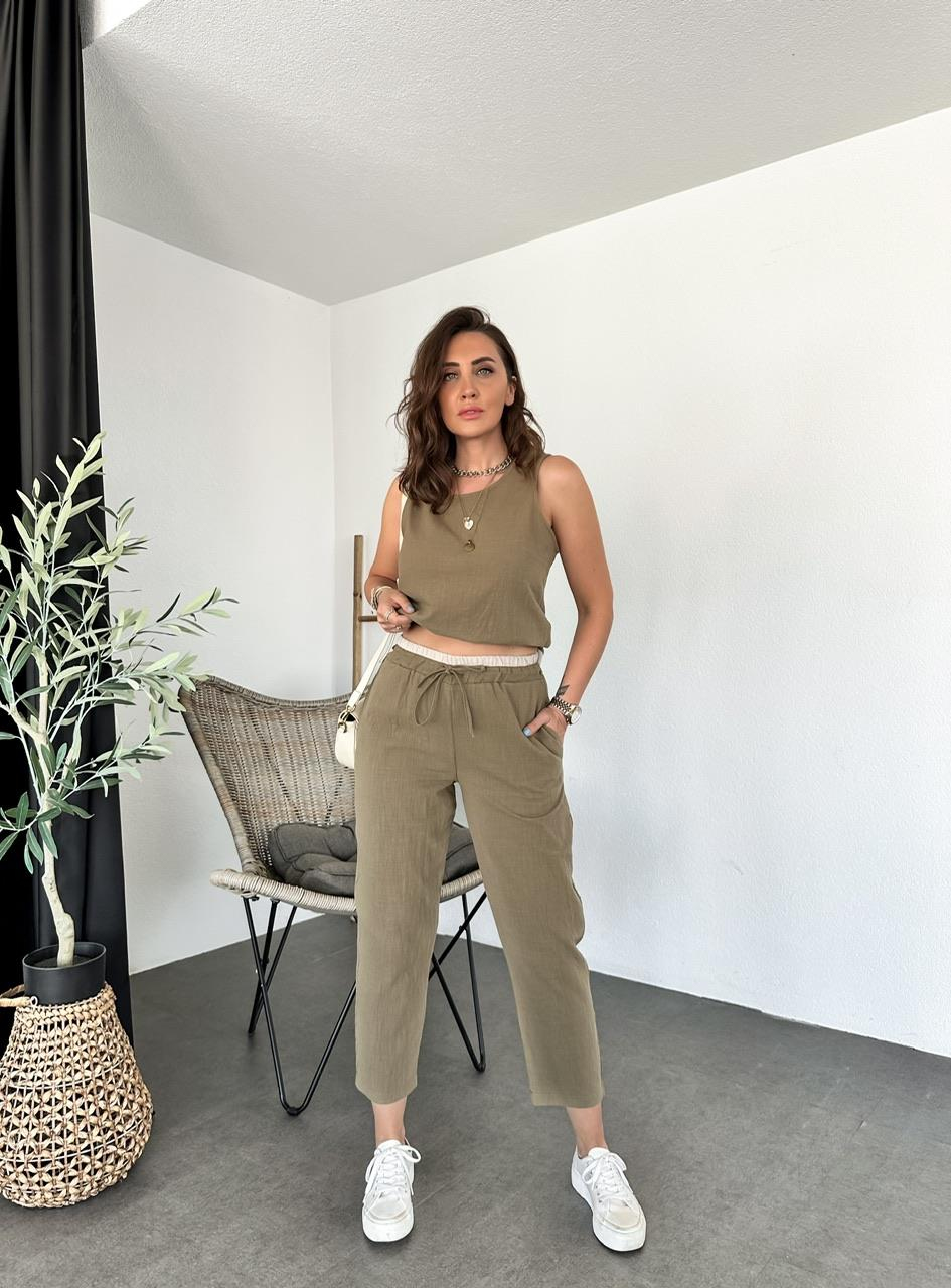 Haki Naturel Bluz Pantolon Takım