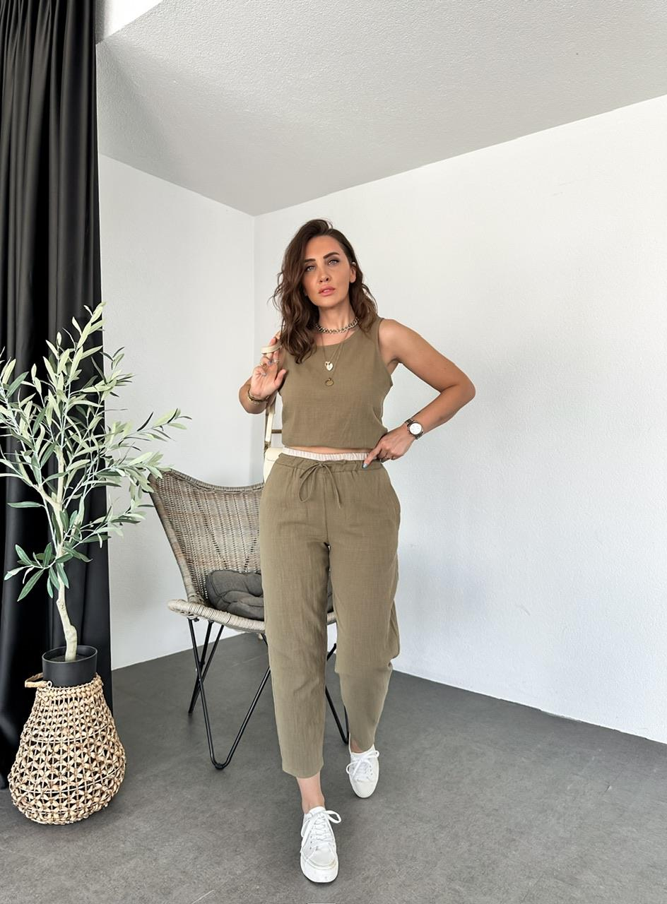 Haki Naturel Bluz Pantolon Takım