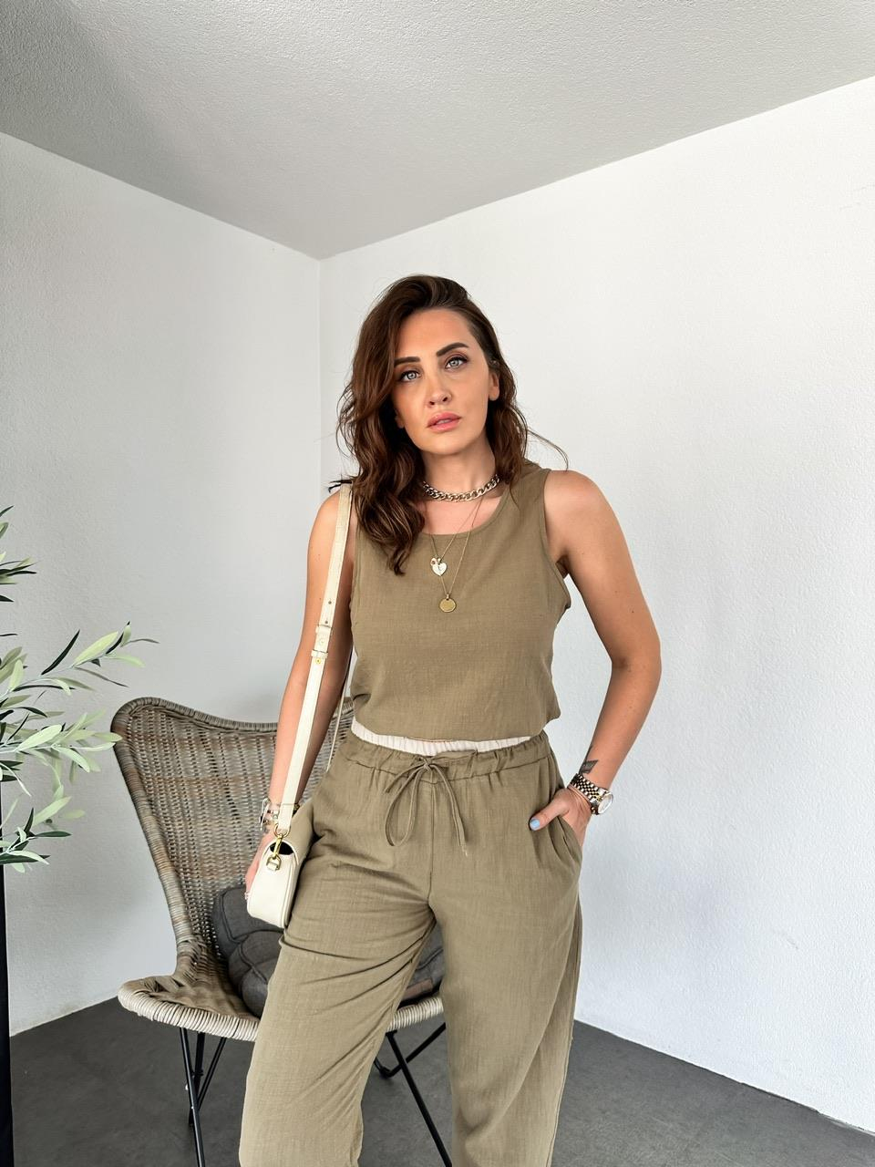 Haki Naturel Bluz Pantolon Takım