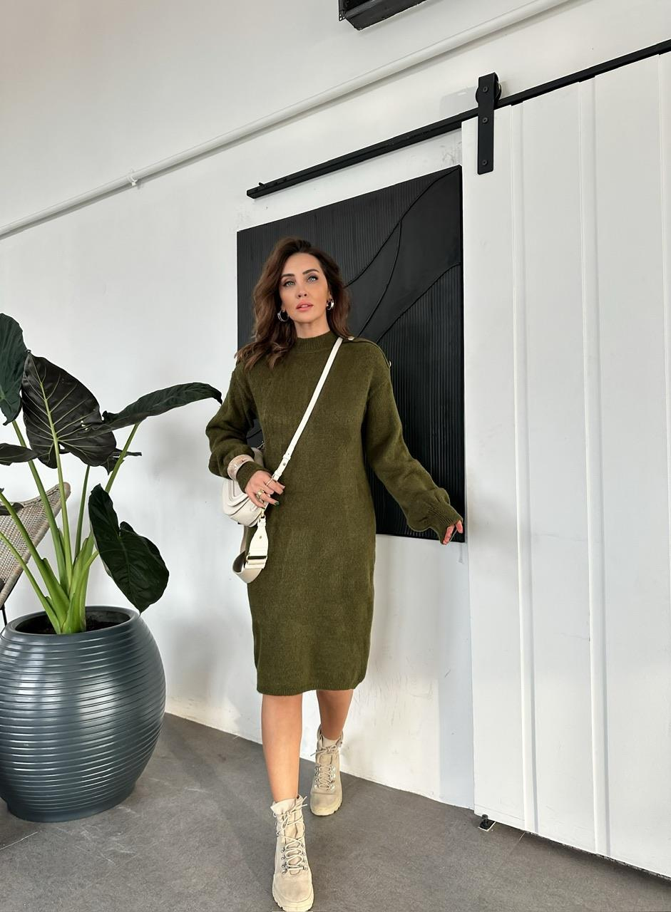Haki Omuzları Düğmeli Triko Elbise
