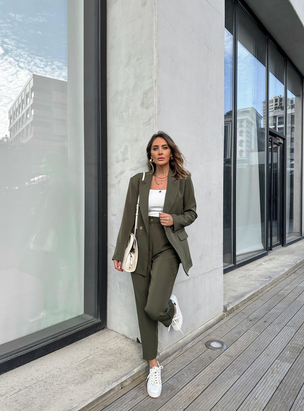Haki Oversize İki Düğmeli Takım