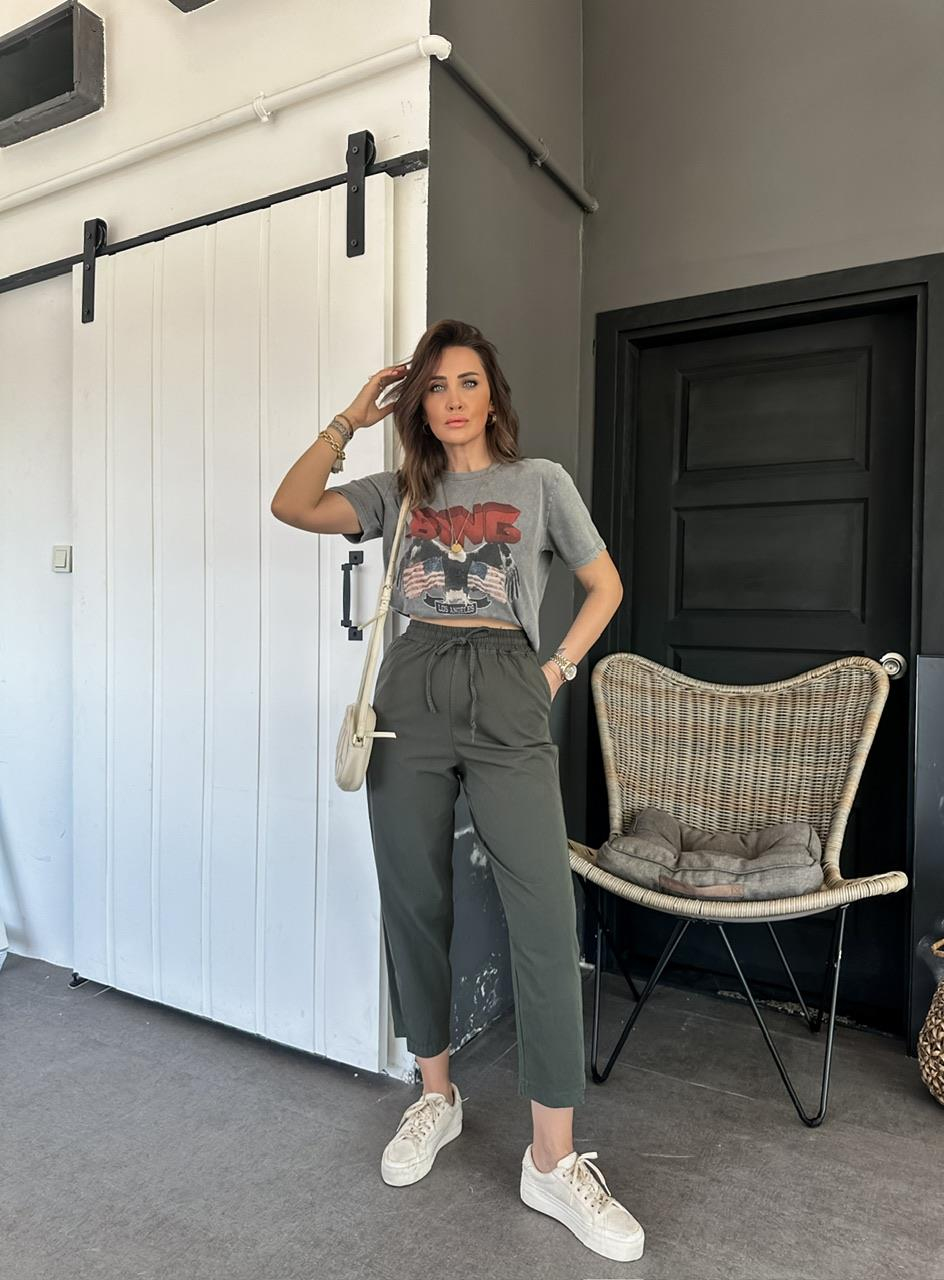 Haki Paça Detaylı Cotton Pantolon