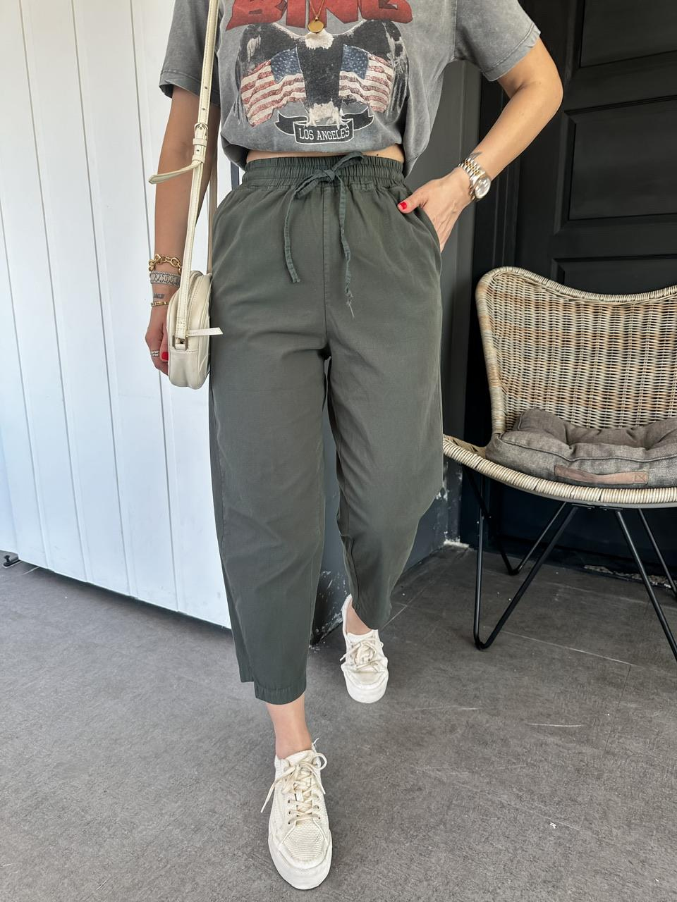Haki Paça Detaylı Cotton Pantolon