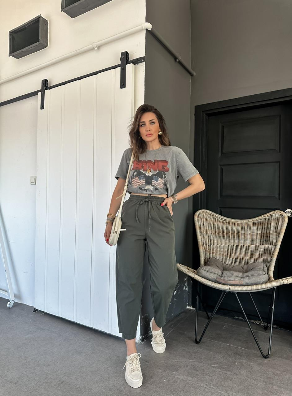 Haki Paça Detaylı Cotton Pantolon