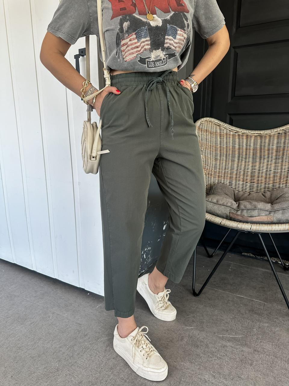 Haki Paça Detaylı Cotton Pantolon