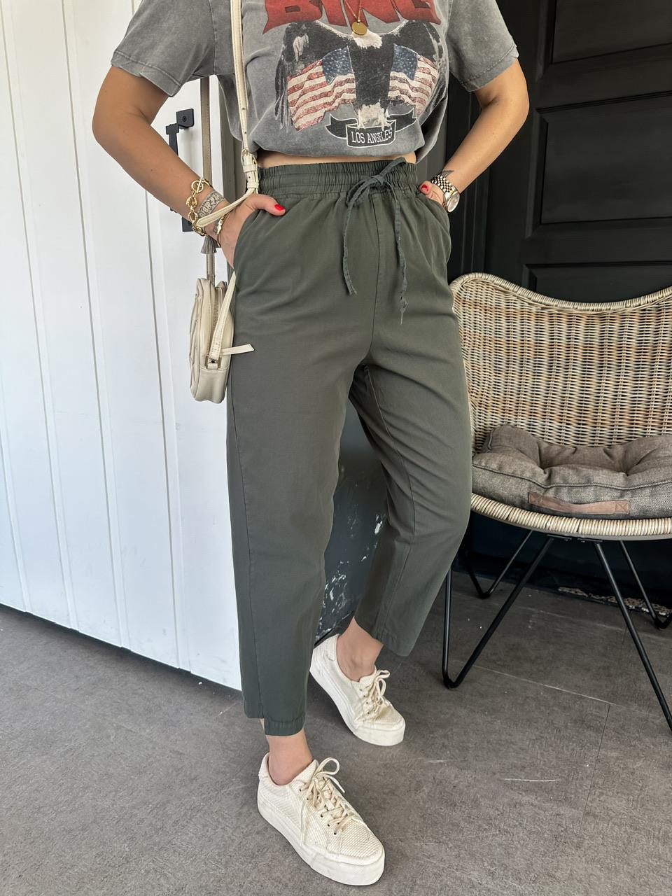 Haki Paça Detaylı Cotton Pantolon
