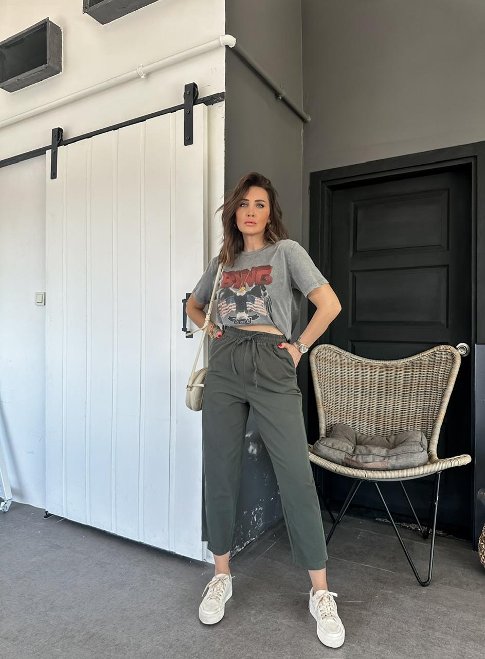 Haki Paça Detaylı Cotton Pantolon