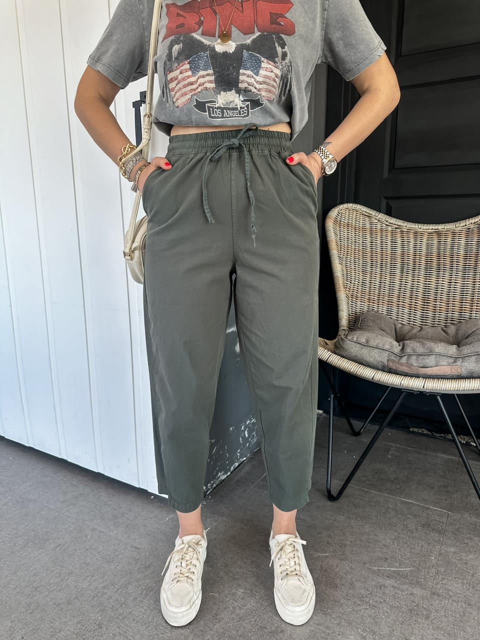 Haki Paça Detaylı Cotton Pantolon