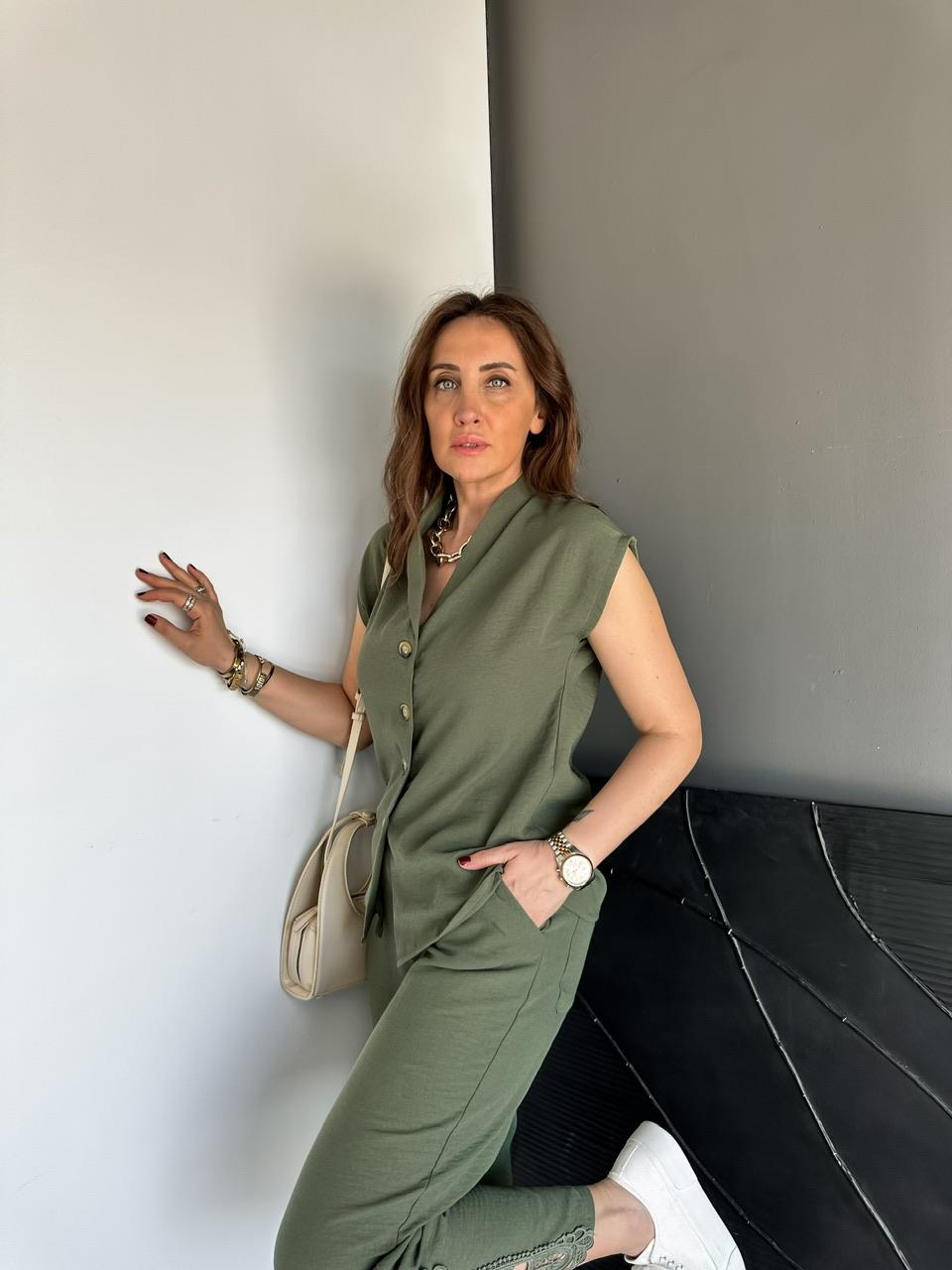 Haki Paçası Fistolu Keten Takım