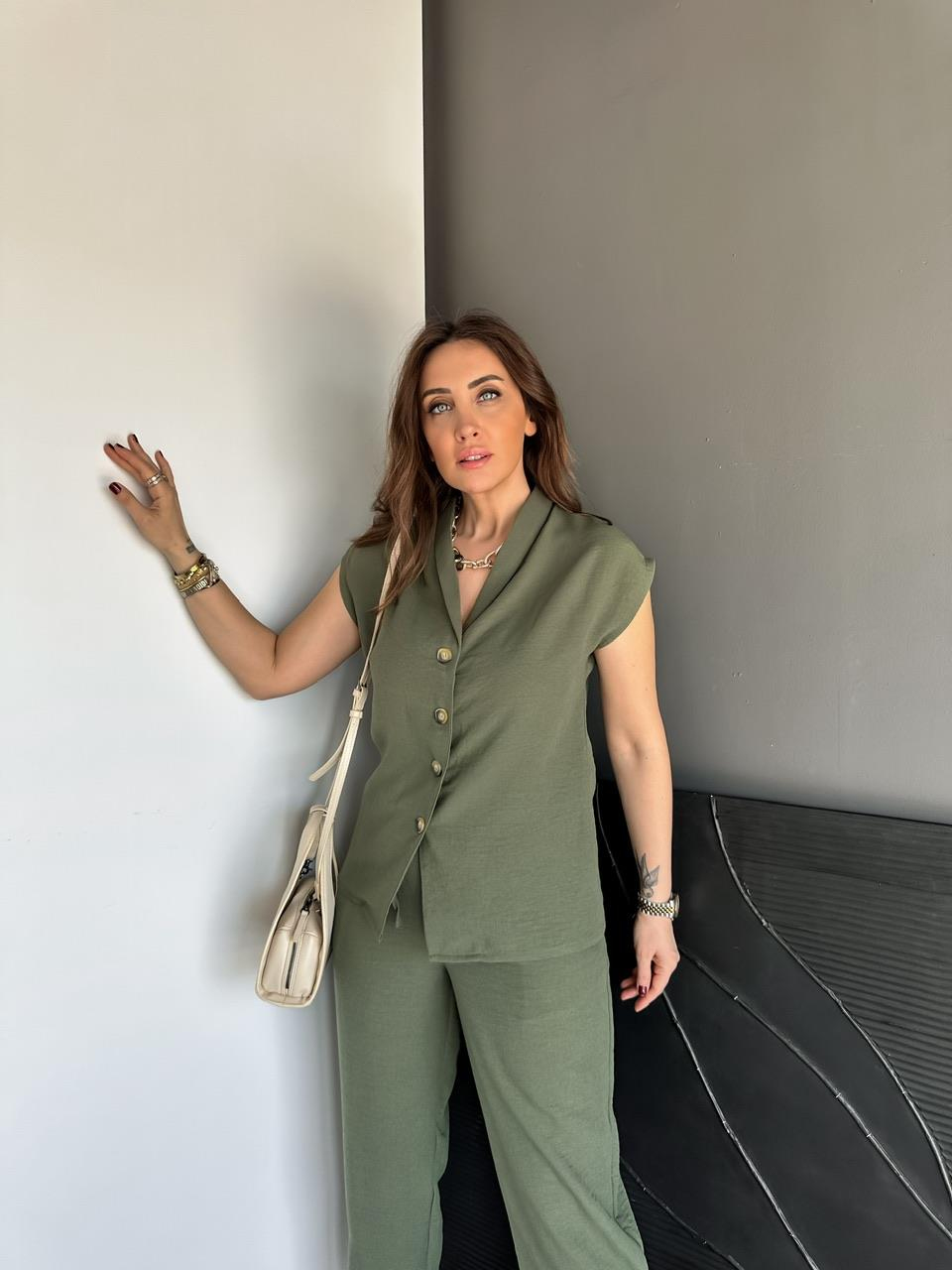 Haki Paçası Fistolu Keten Takım