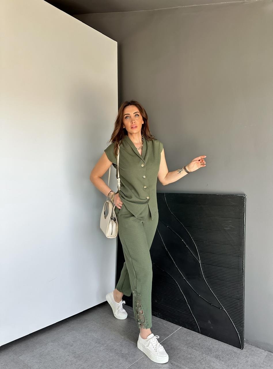Haki Paçası Fistolu Keten Takım