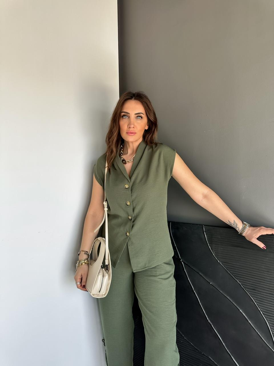 Haki Paçası Fistolu Keten Takım