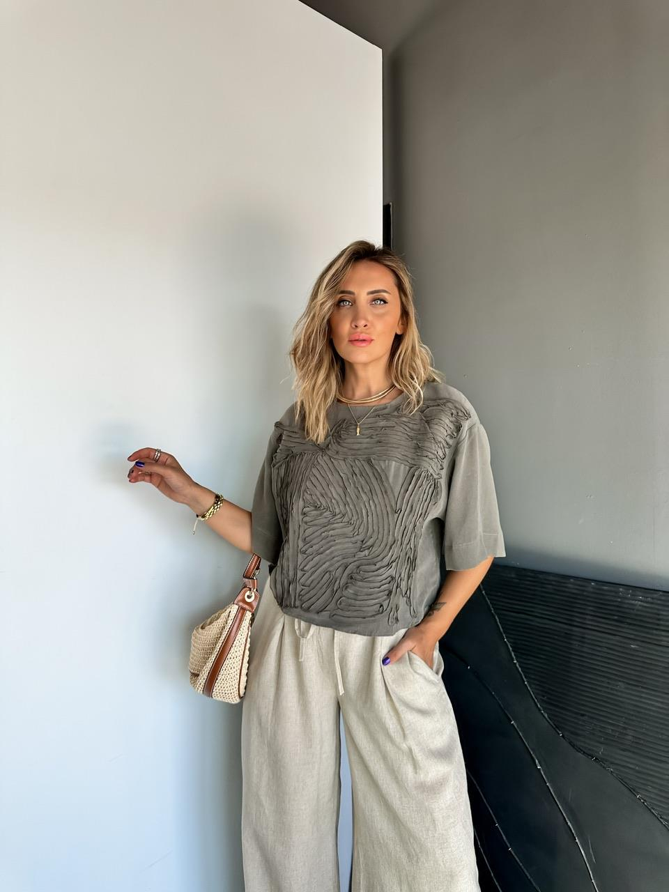 Haki Parça Dikişli Tasarım Soft Bluz