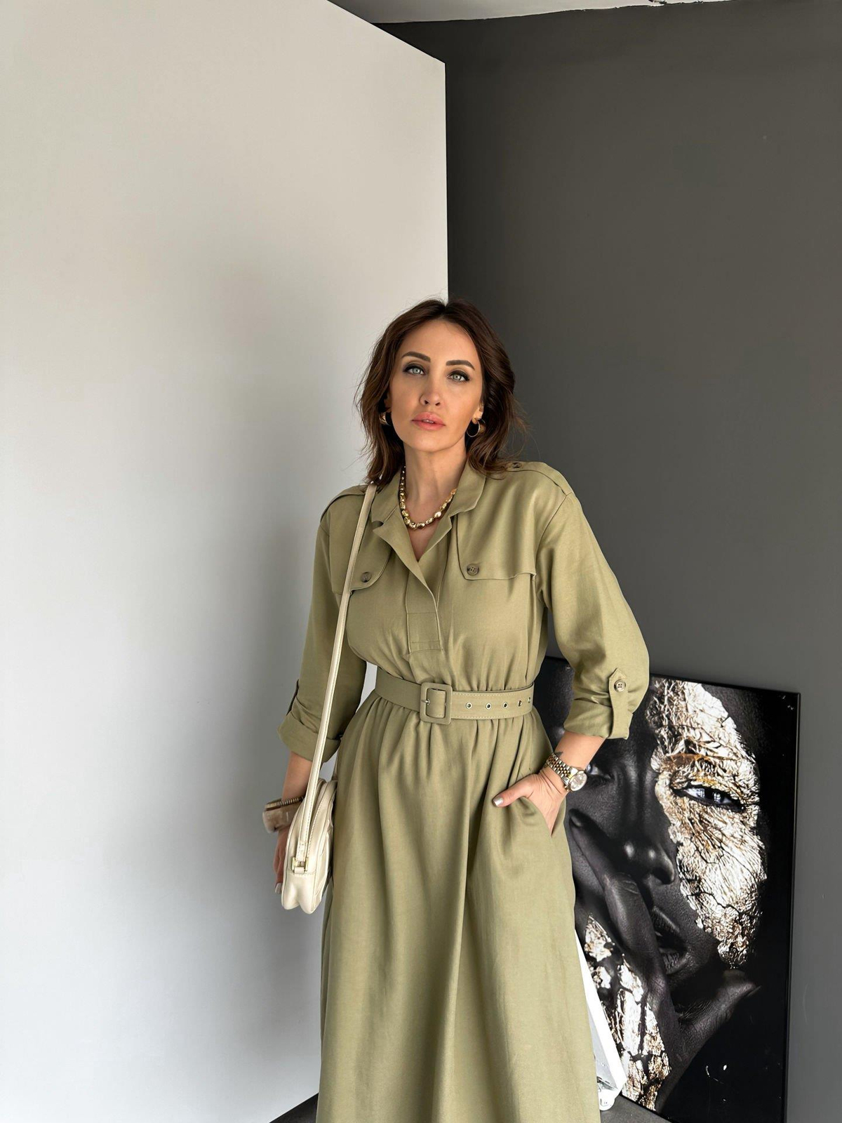 Haki Safari Beli Kemerli Keten Elbise