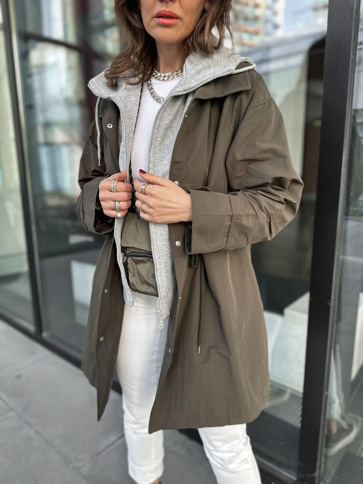 Haki Sweat Detaylı Kapşonlu Trençkot