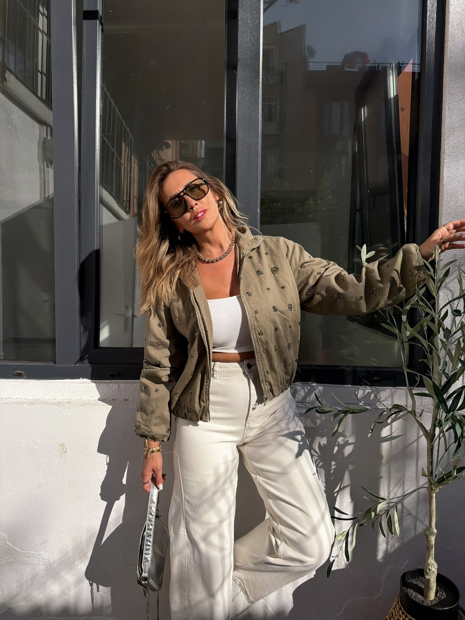 Haki Taşlı Bomber Denim Ceket