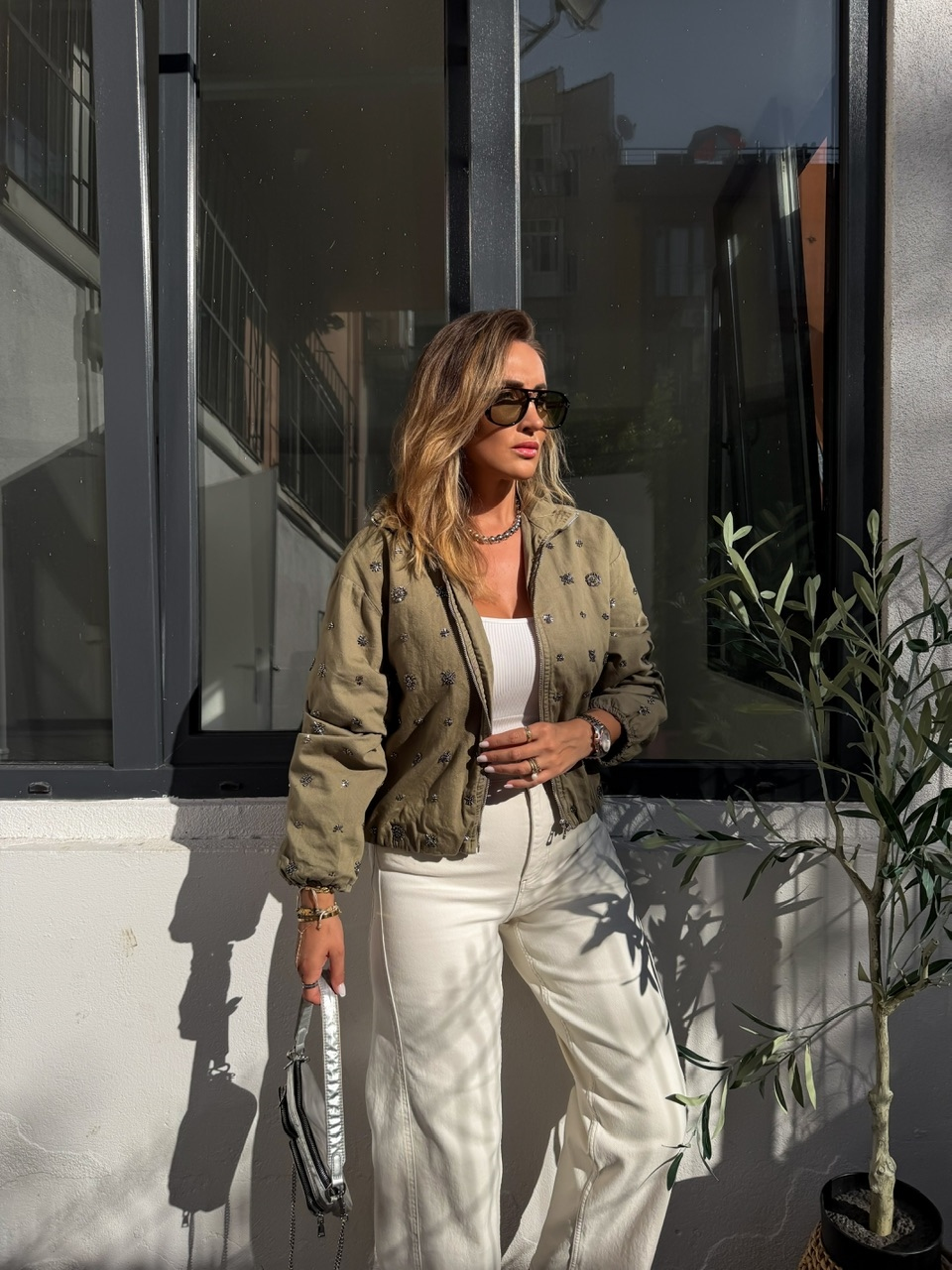 Haki Taşlı Bomber Denim Ceket