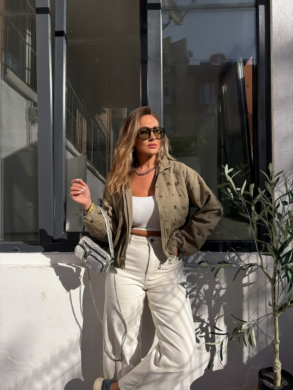 Haki Taşlı Bomber Denim Ceket
