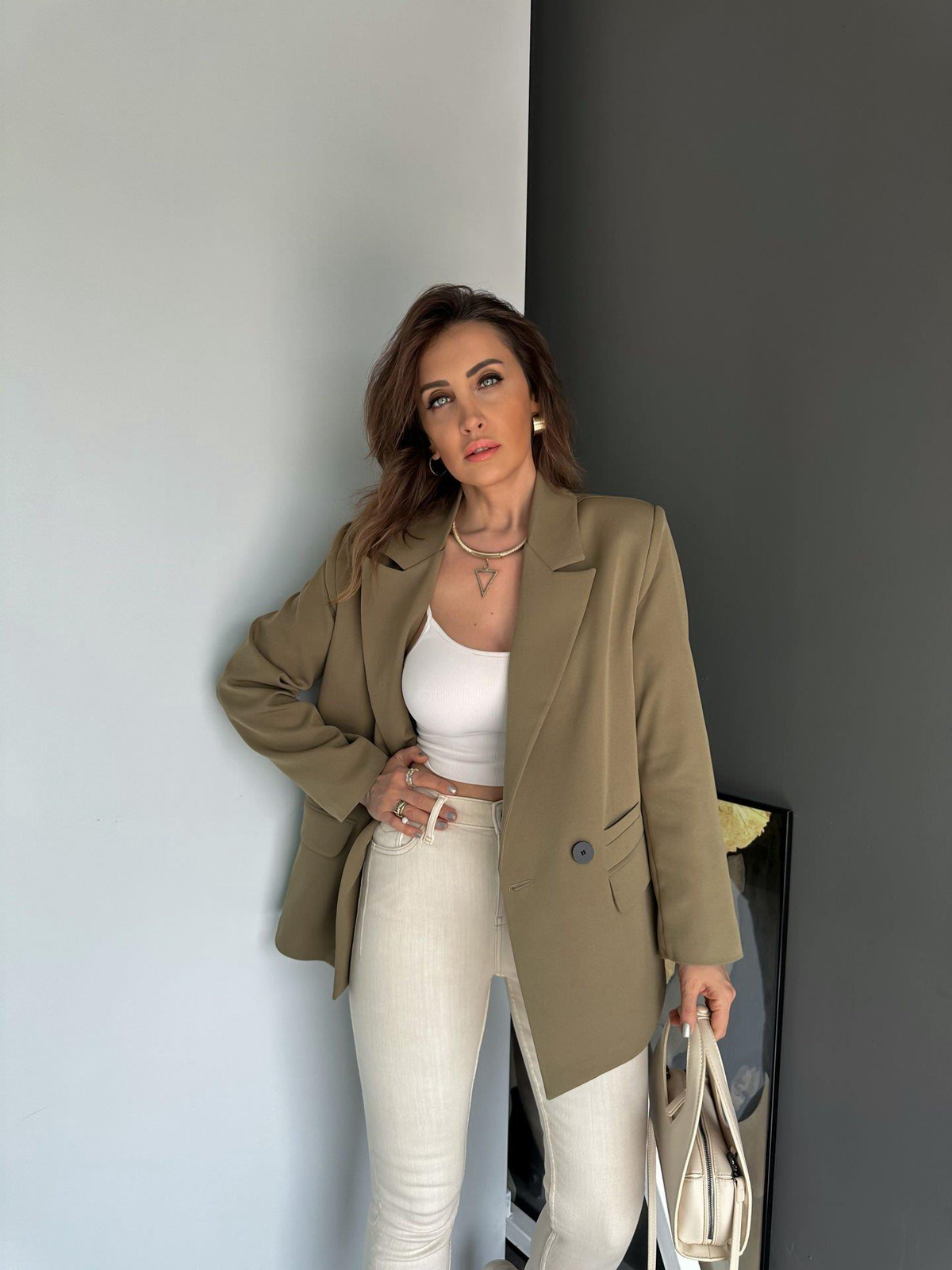 Haki Tek Düğmeli Blazer Ceket