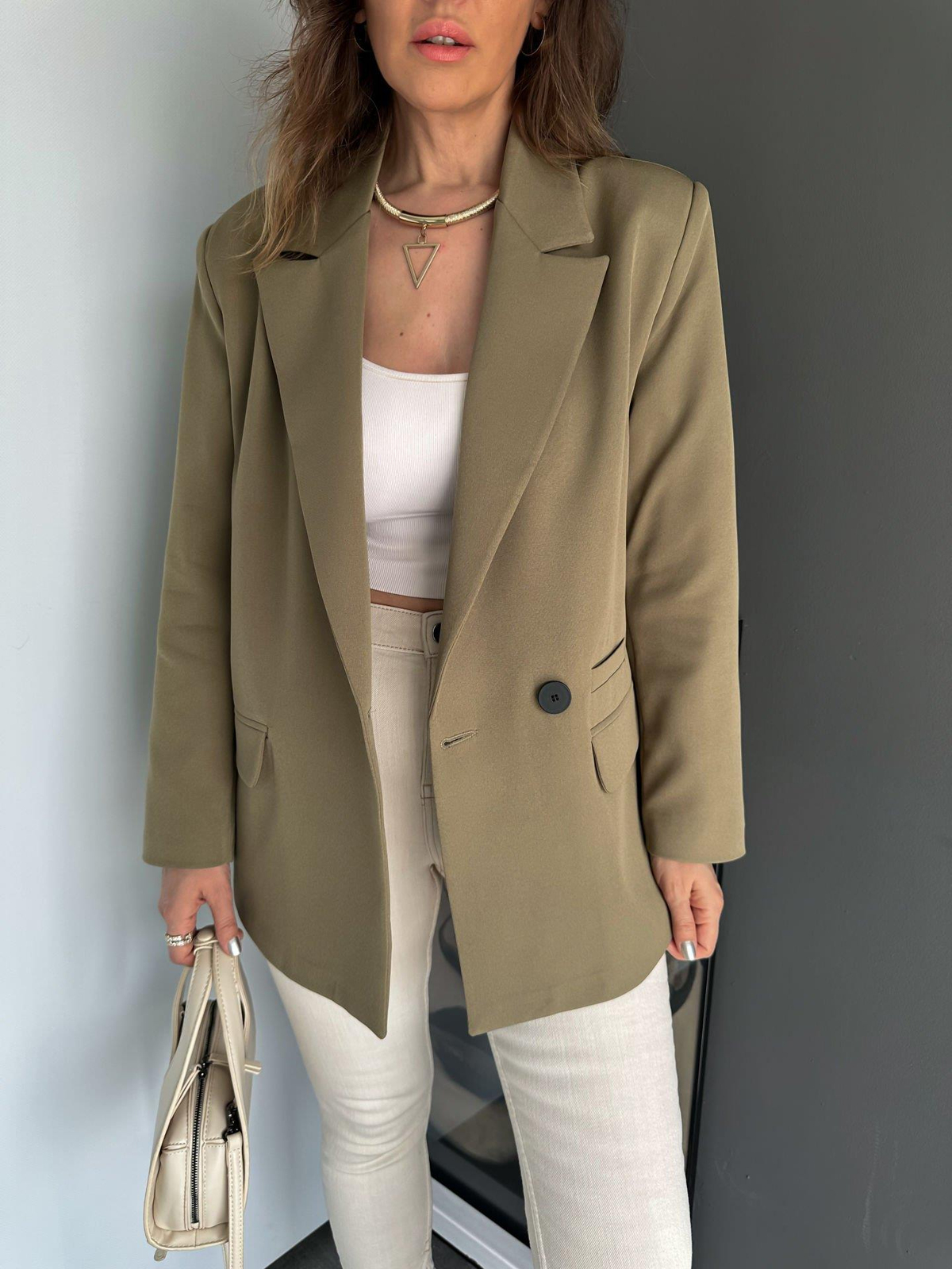 Haki Tek Düğmeli Blazer Ceket