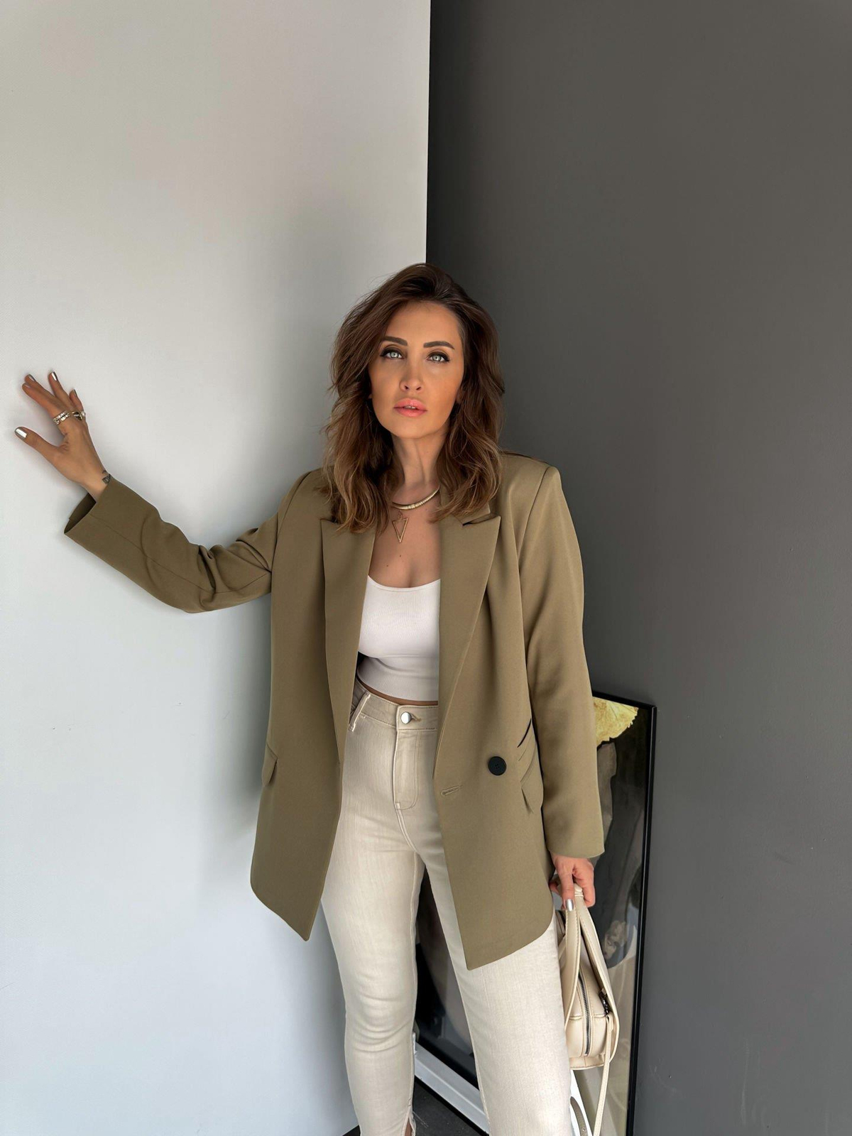 Haki Tek Düğmeli Blazer Ceket