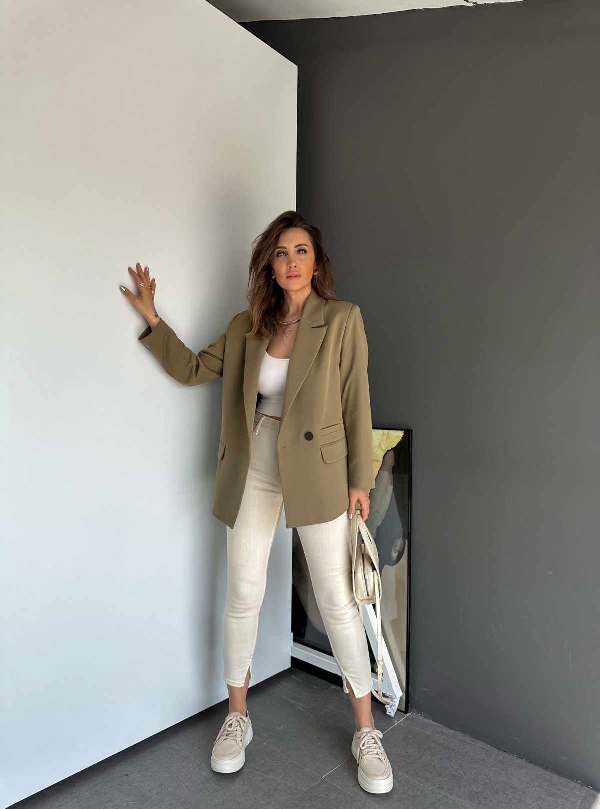 Haki Tek Düğmeli Blazer Ceket