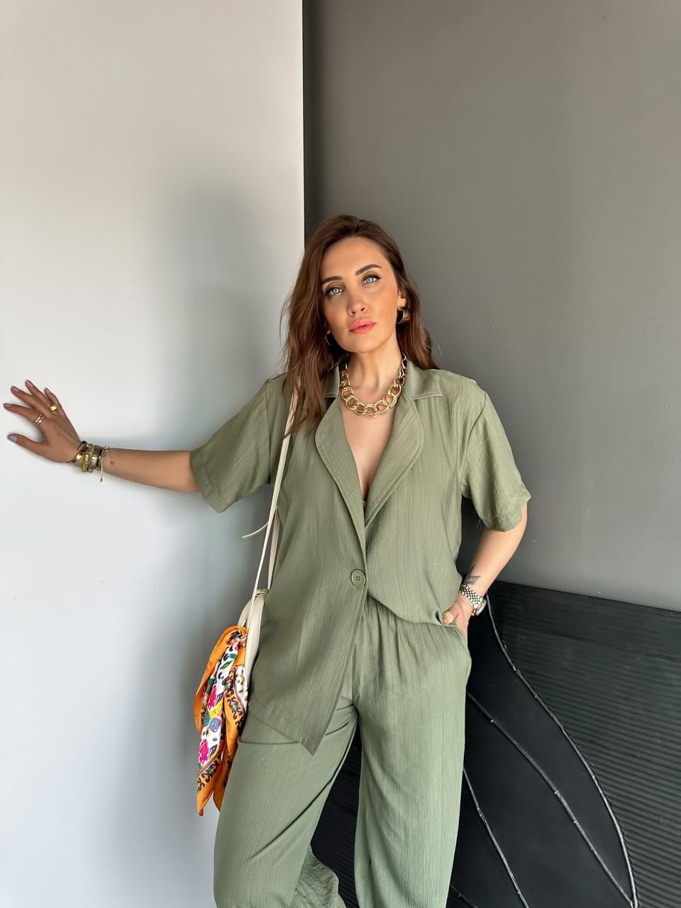 Haki Tek Düğmeli Modal Ceketli Takım