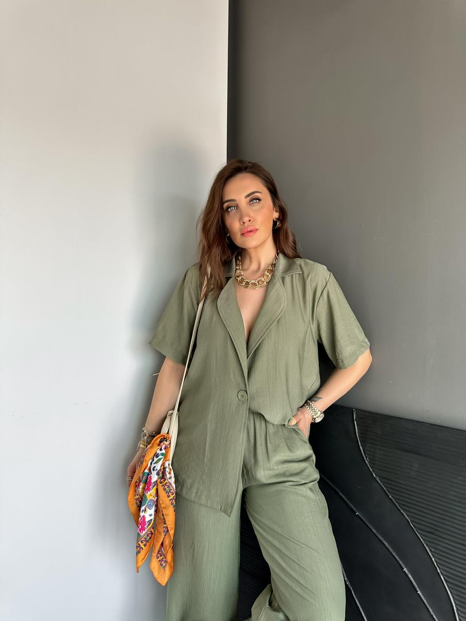Haki Tek Düğmeli Modal Ceketli Takım