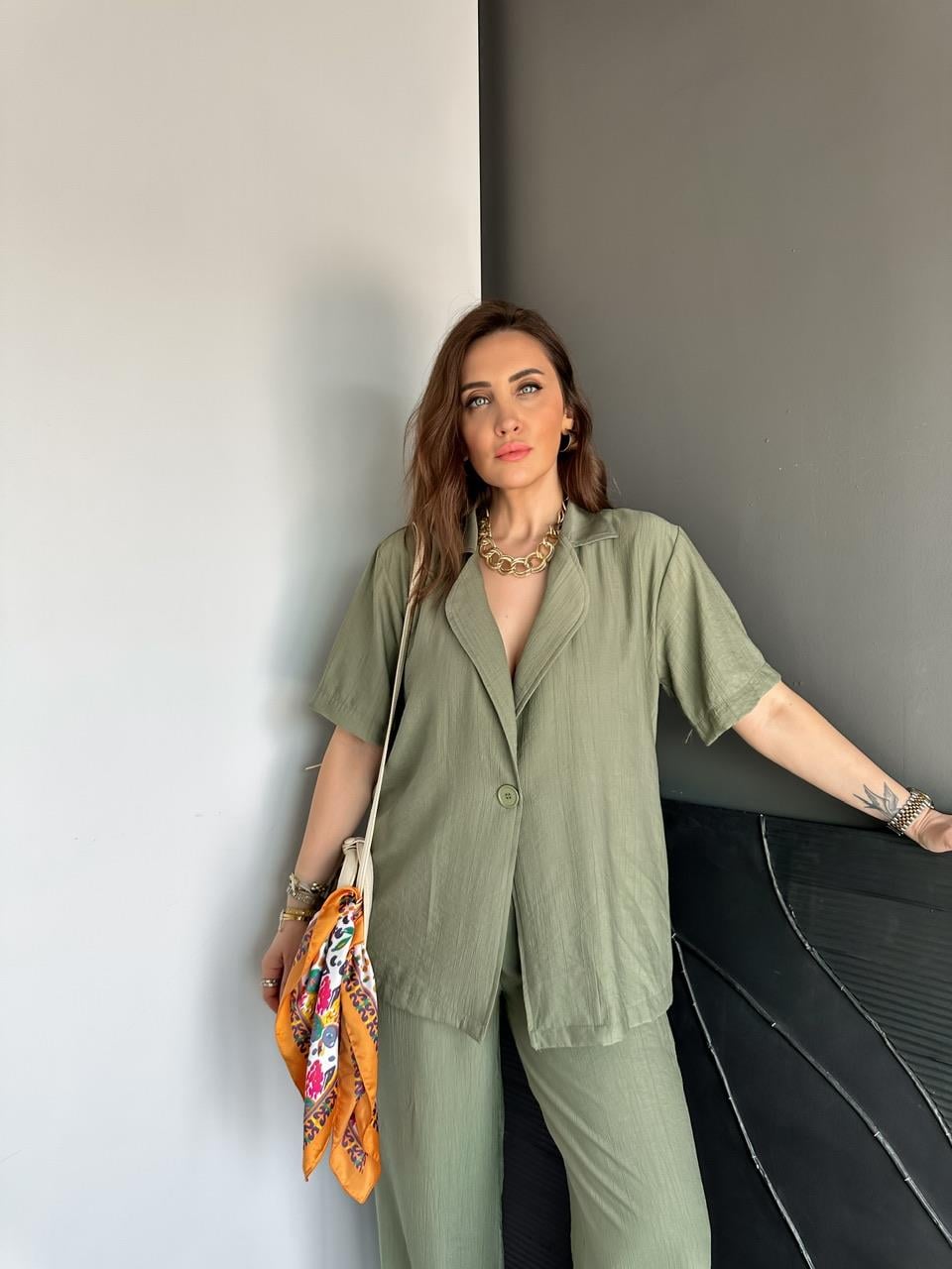 Haki Tek Düğmeli Modal Ceketli Takım