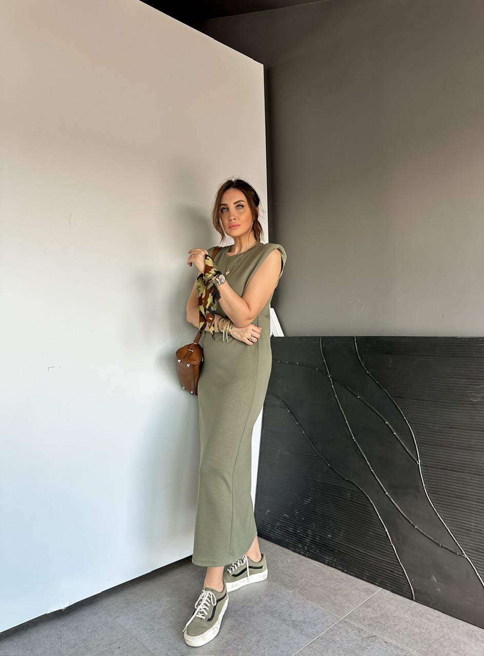 Haki Vatkalı Likralı Basic Elbise
