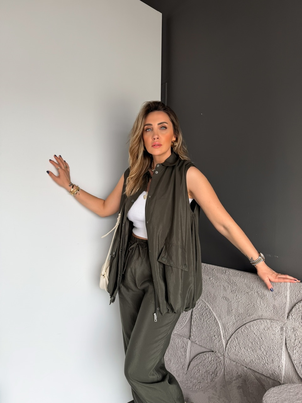 Haki Yelek Pantolon Paçası Lastikli Takım