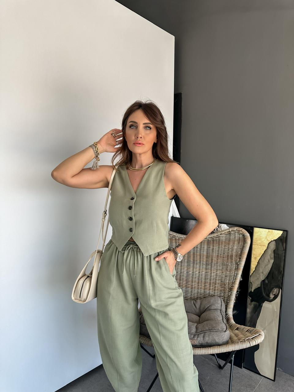 Haki Yelekli Keten Takım