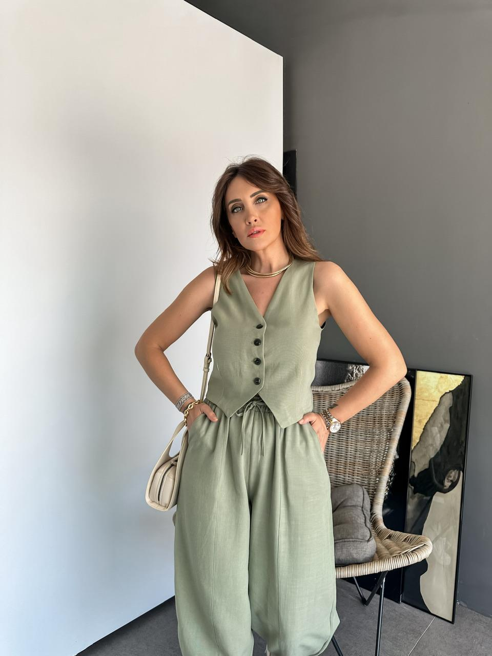 Haki Yelekli Keten Takım