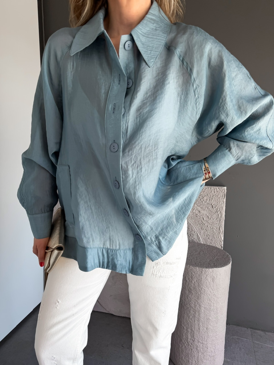 İndigo Mavi Yarasa Kol Oversize Gömlek