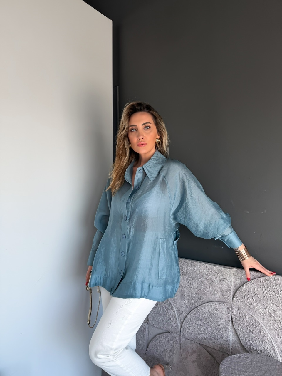 İndigo Mavi Yarasa Kol Oversize Gömlek