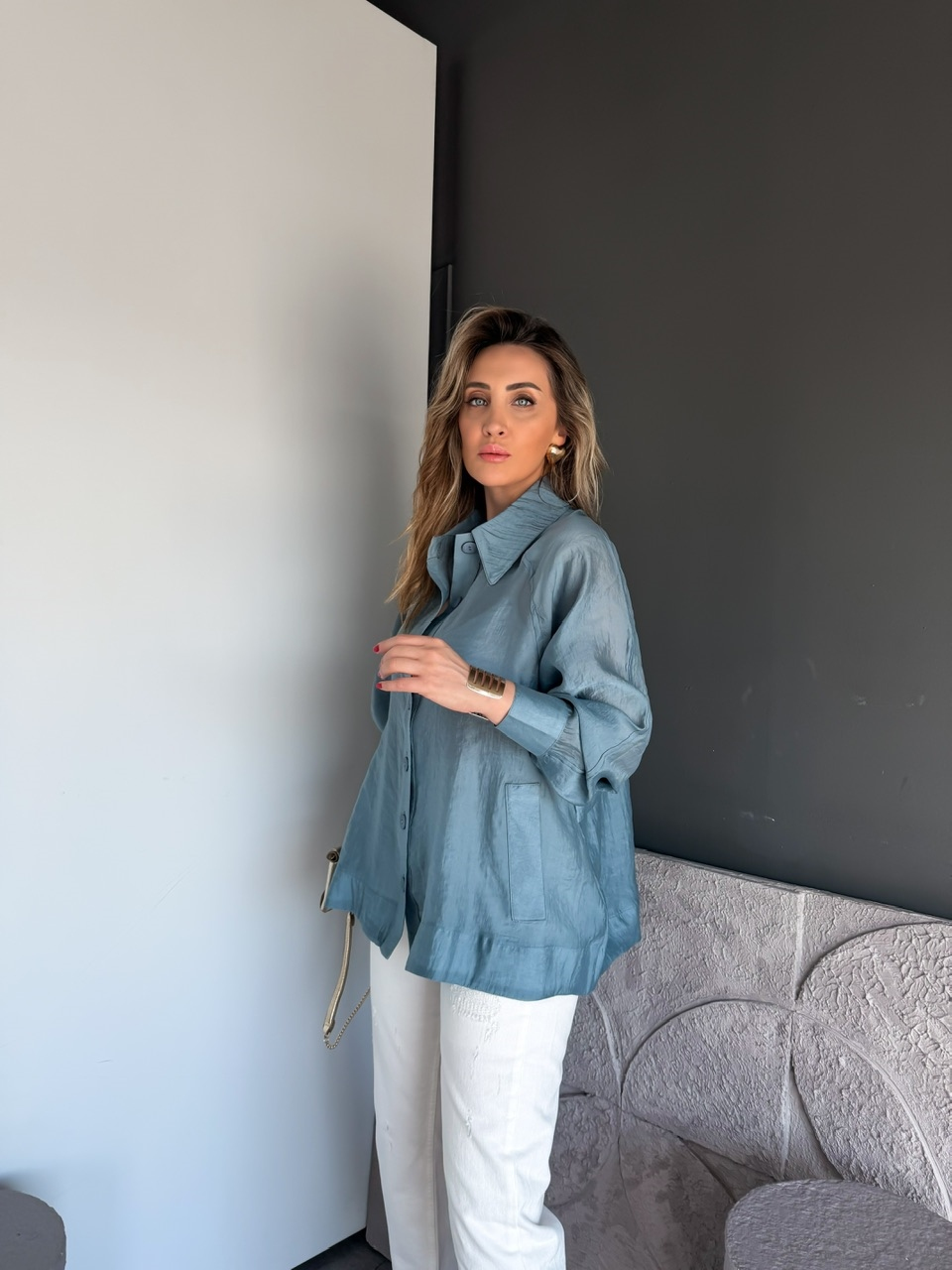 İndigo Mavi Yarasa Kol Oversize Gömlek