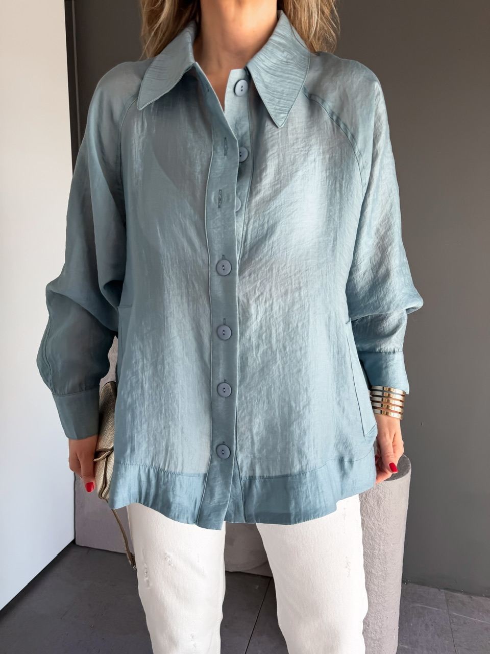 İndigo Mavi Yarasa Kol Oversize Gömlek