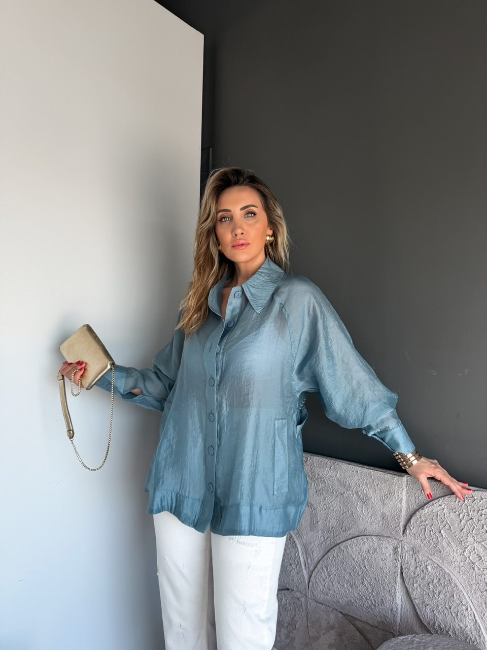 İndigo Mavi Yarasa Kol Oversize Gömlek