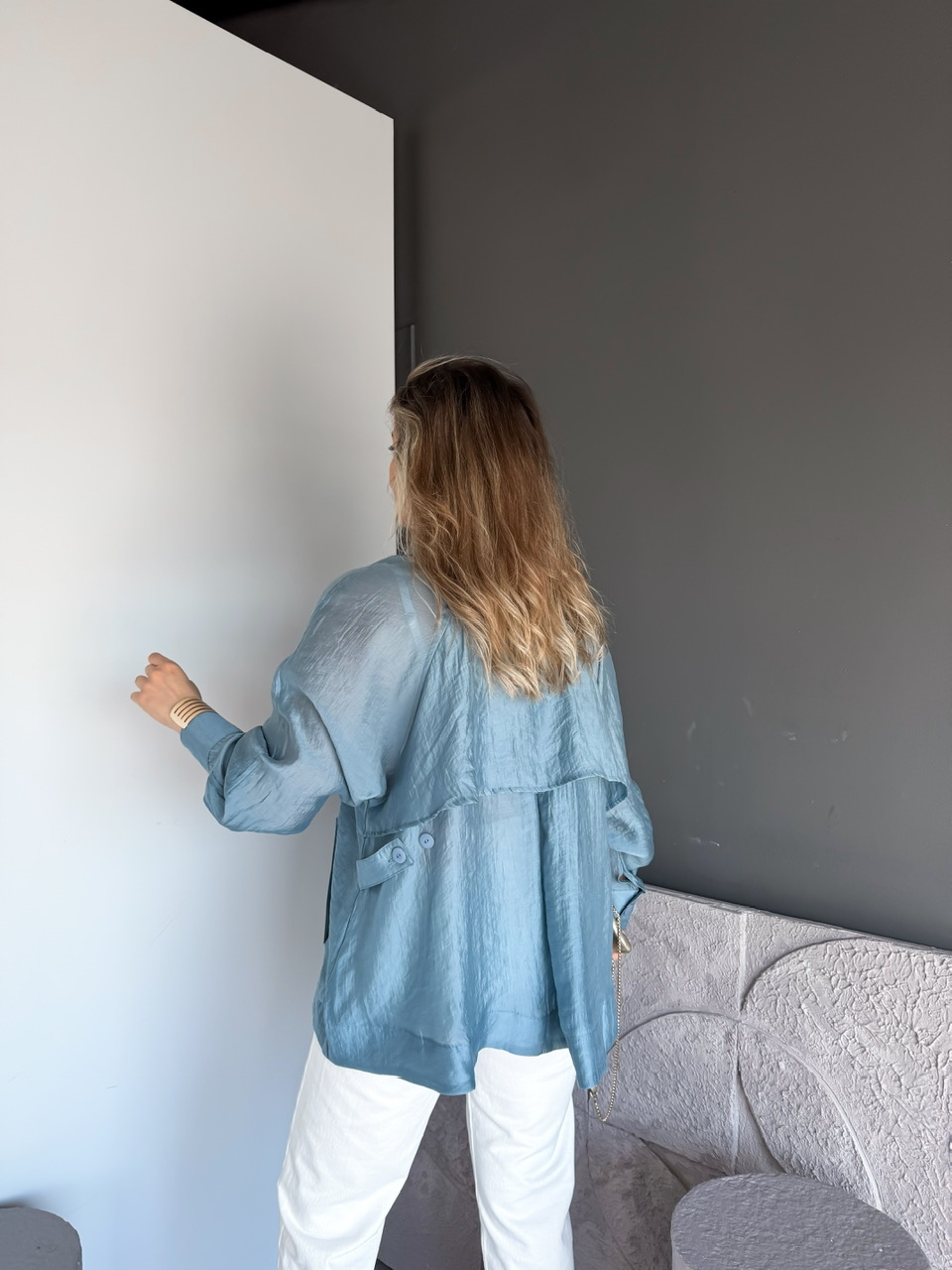 İndigo Mavi Yarasa Kol Oversize Gömlek
