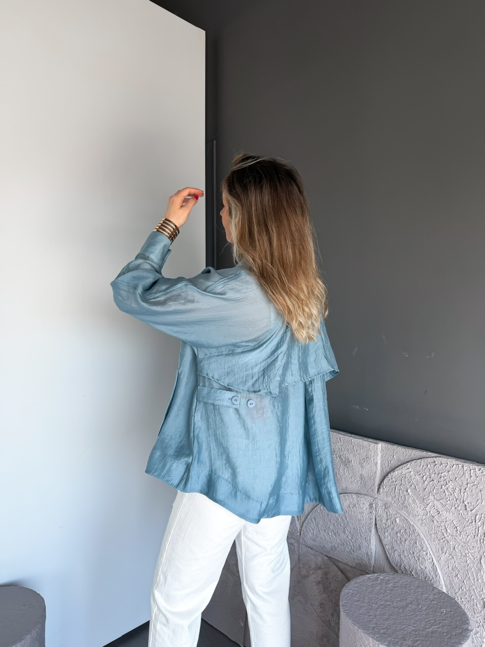 İndigo Mavi Yarasa Kol Oversize Gömlek
